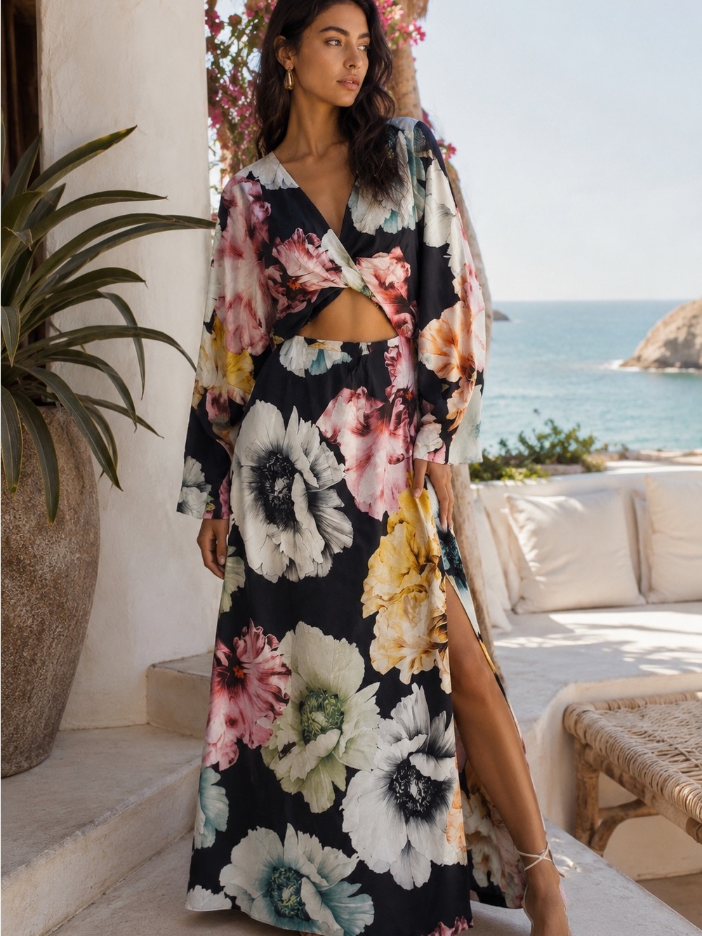 ASOS Edition Floral Cut Out Maxi Dress Long Sleeve Wedding Guest Formal US Sz 0